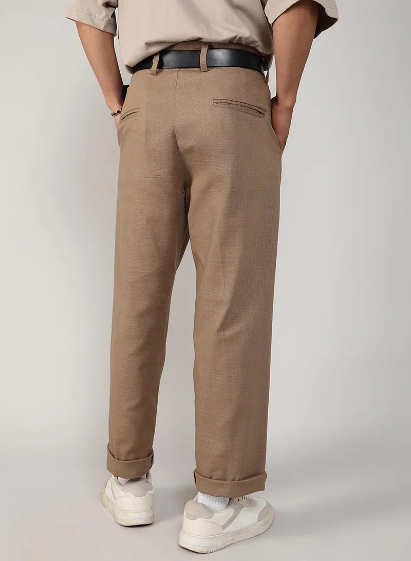 CAHOOT  Men's Camel Brown Tailored Linen-Blend Trousers For Casual Wear | 4 Pockets | Mid- Rise | Button Closure | Trousers Crafted With Comfort Fit For Everyday Wear for Men | Best Price UAE